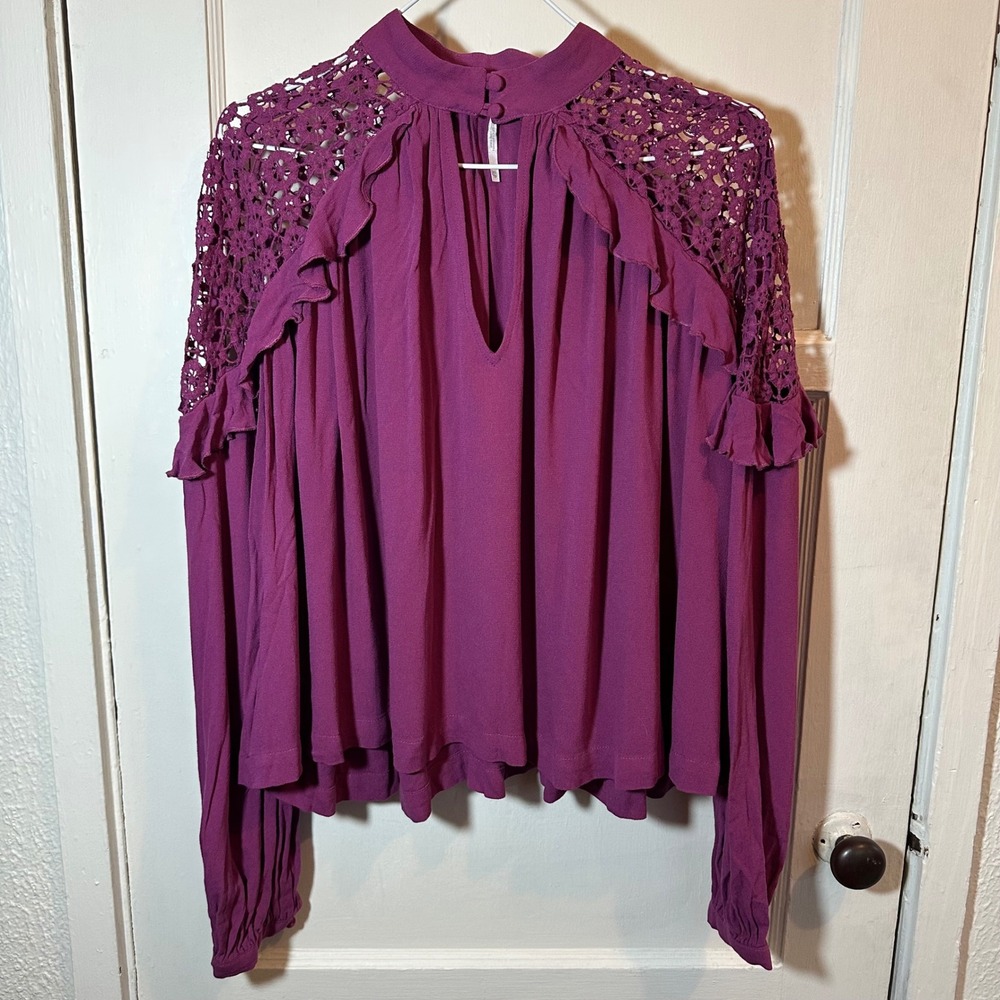 Free People Blouse Magenta Purple Crochet Lace Ruffle Mock Neck Top XS